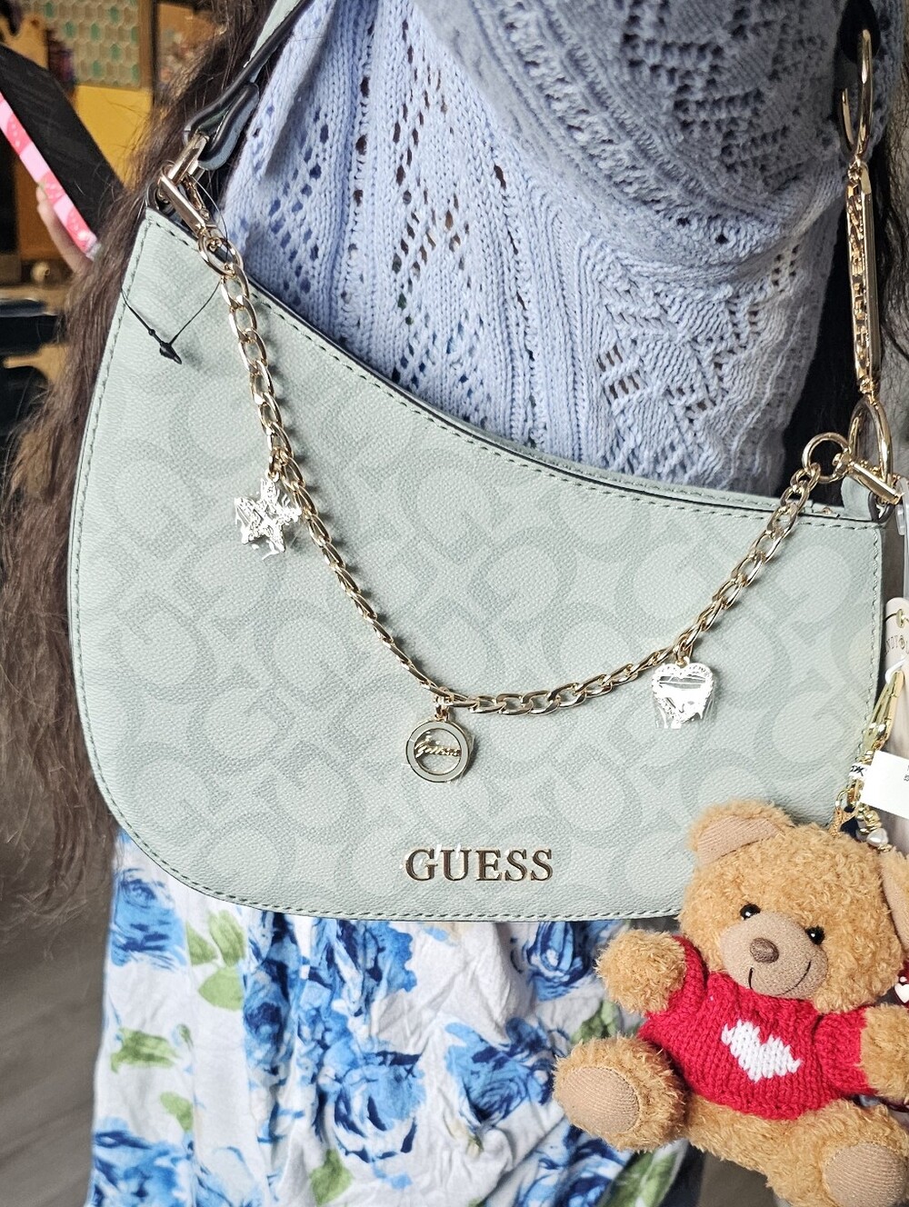 GUESS Light Moss Logo Chain-Accent Shoulder Bag